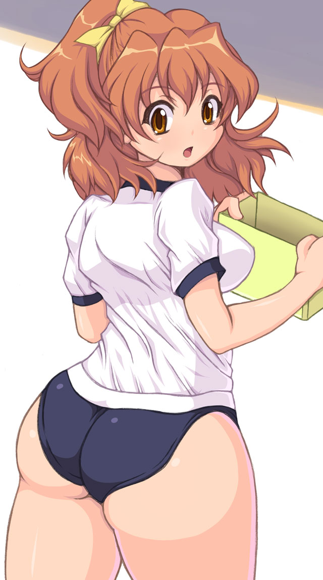 ass, back, big_ass, blush, bow, box, breasts, brown_eyes