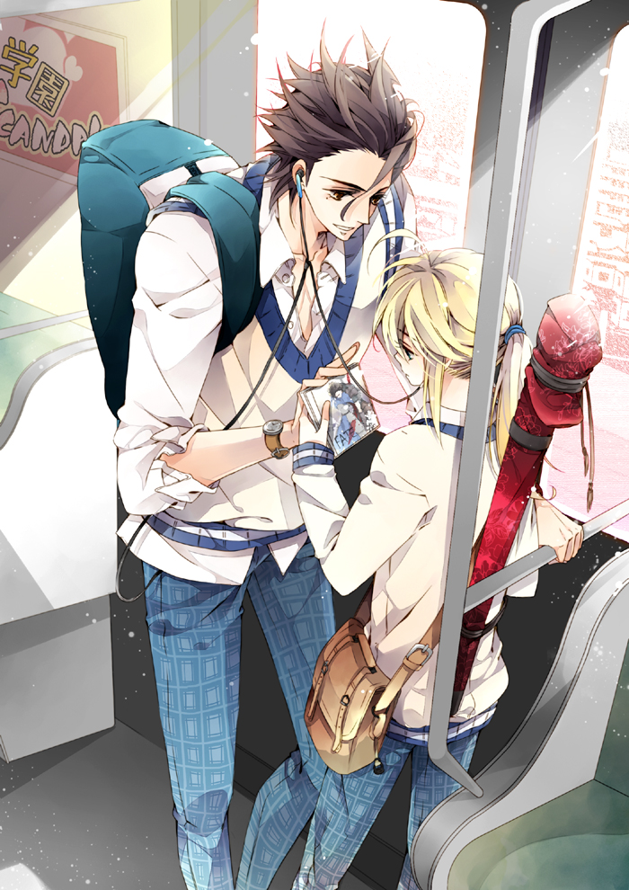 1girl, ahoge, black_hair, blonde_hair, casual, cd, compact_disc, earbuds