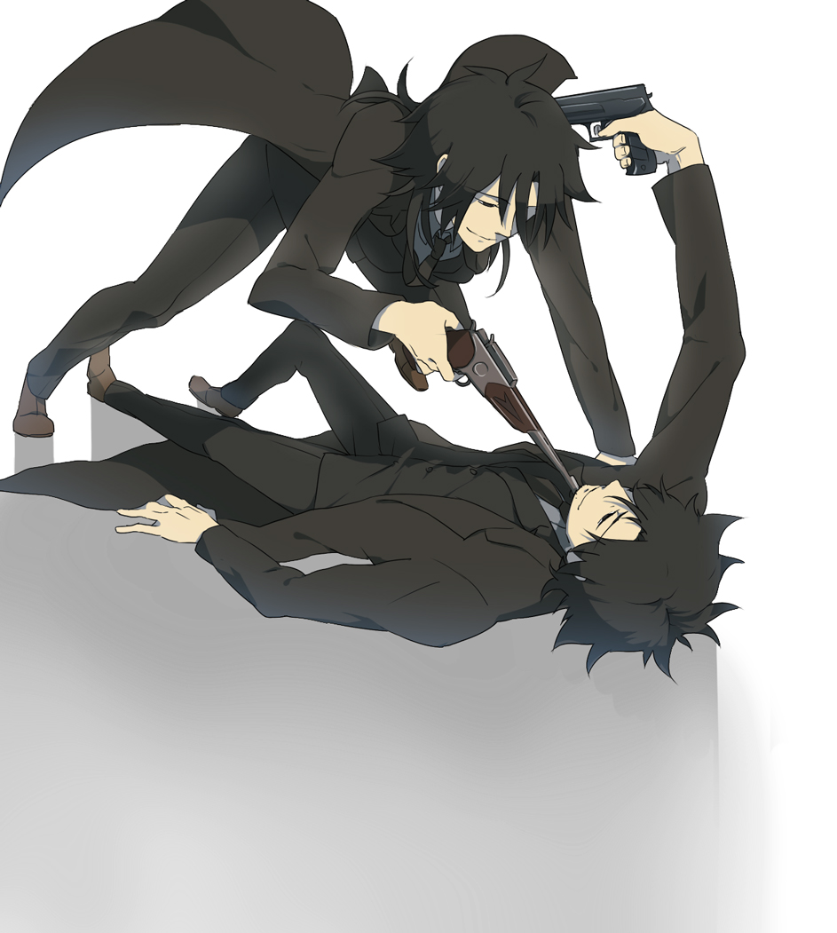 1girl, black_eyes, black_hair, dual_persona, emiya_kiritsugu, fate/zero, fate_(series), fighting