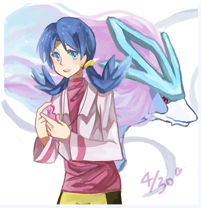 1girl, bangs, bike_shorts, blue_eyes, blue_hair, crystal_(pokemon), dated, earrings
