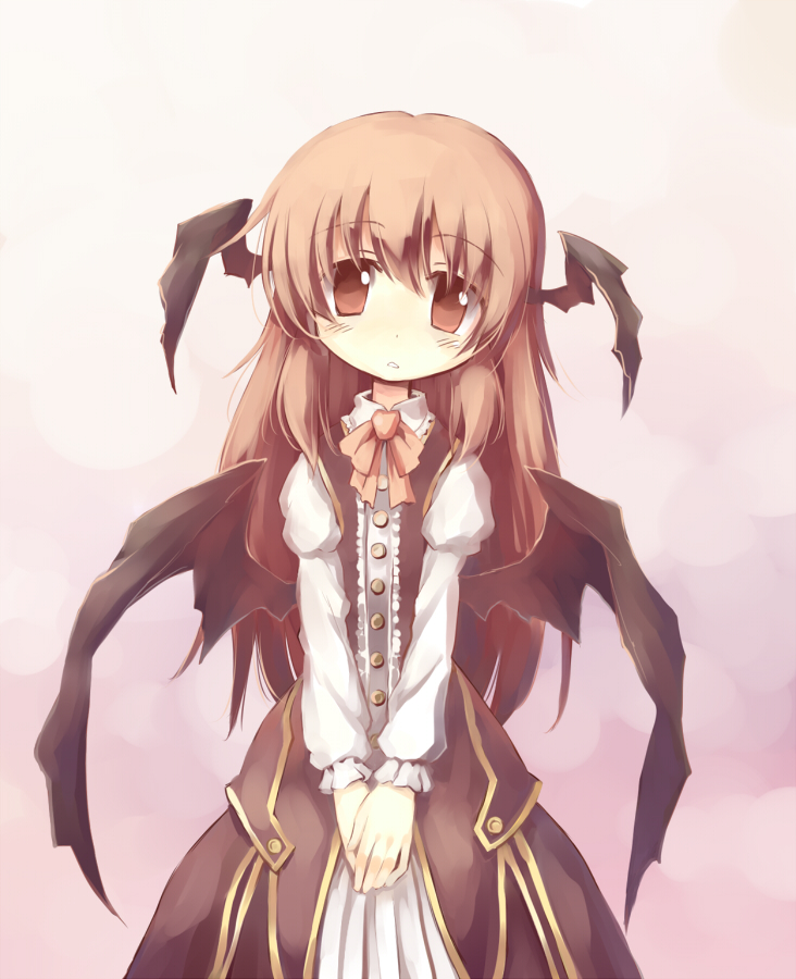 blush, dress, head_wings, koakuma, long_hair, looking_at_viewer, nekoguruma, red_eyes