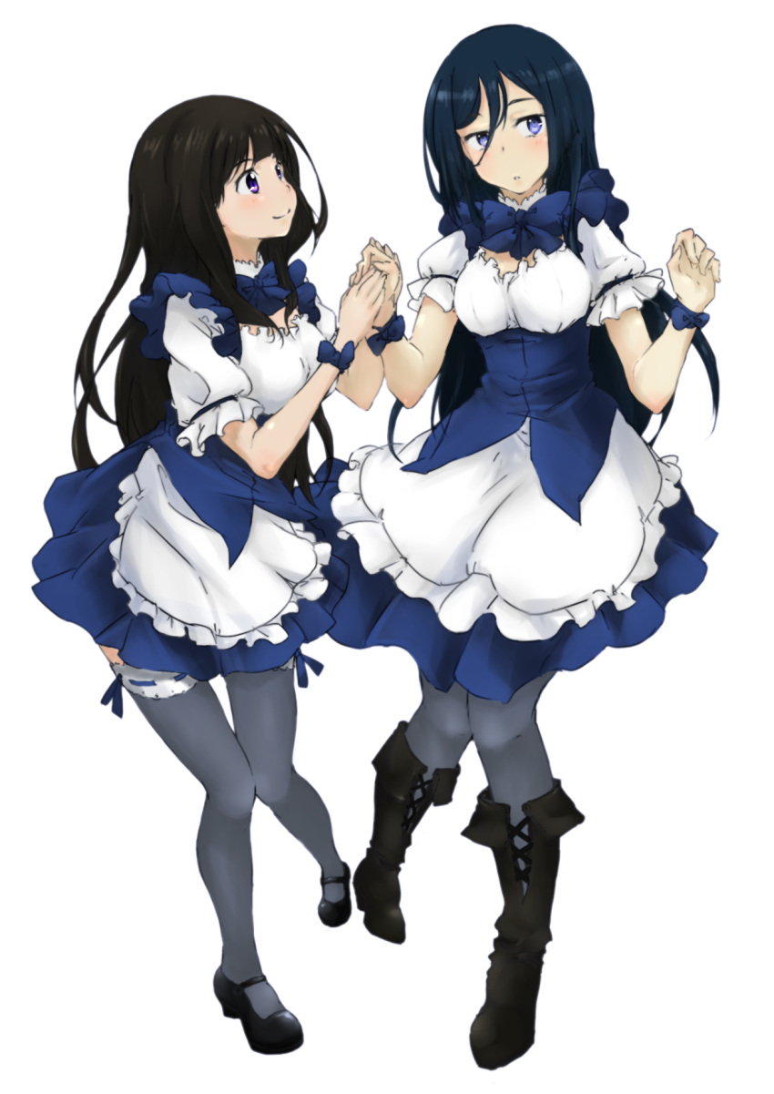 apron, black_hair, blue_eyes, blue_hair, blue_legwear, boots, chitanda_eru, dress, highres, holding_hand, hyouka, irisu_fuyumi, long_hair, maid, mary_janes, multiple_girls, open_mouth, purple_eyes, ribbon, shoes, smile, thigh-highs, thighhighs, tomonori1201, violet_eyes