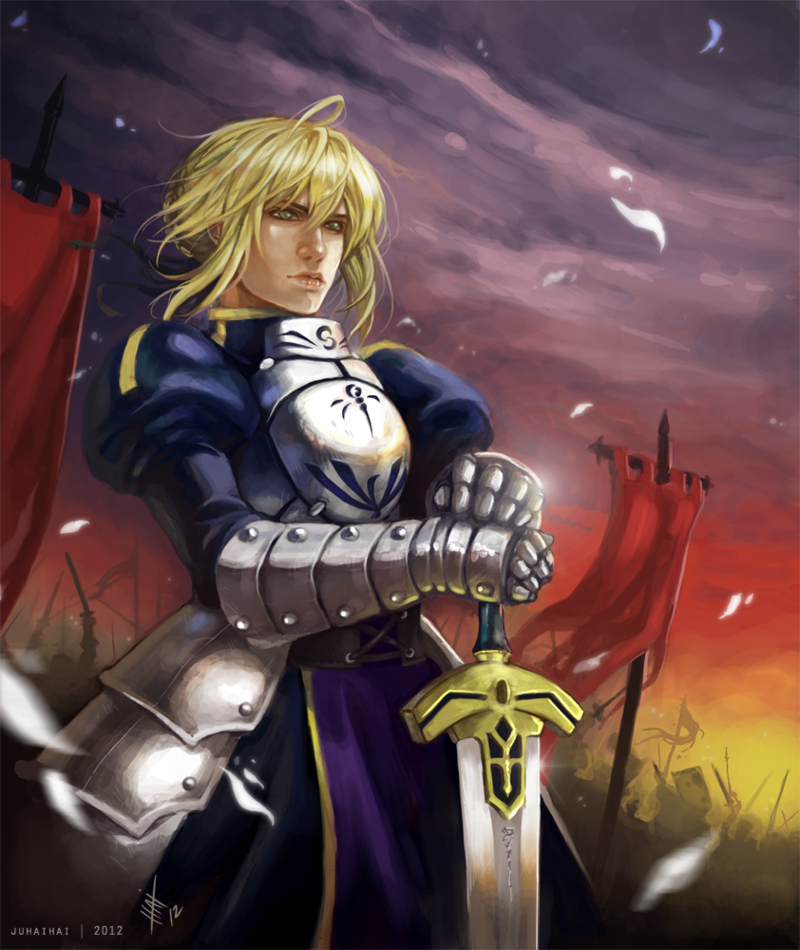 ahoge, armor, armored_dress, army, blonde_hair, dress, excalibur, fate/stay_night