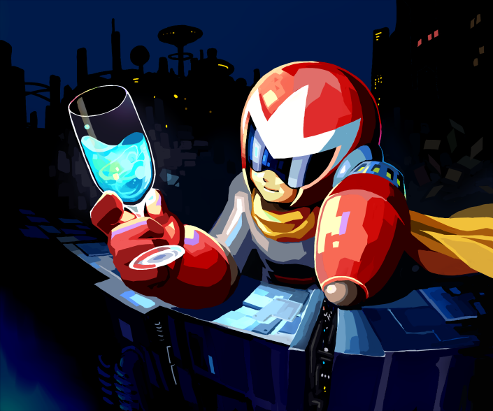 arm_cannon, blues_(rockman), city, coramune, cup, helmet, night, robot, rockman, rockman_(classic), scarf, smile, solo, sunglasses, weapon, wine_glass