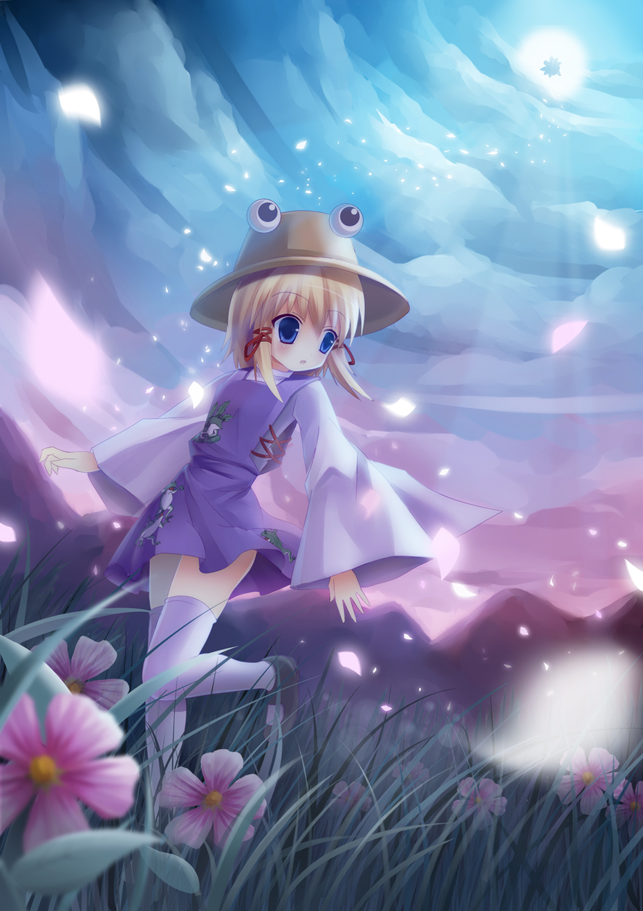 blonde_hair, blue_eyes, dutch_angle, fairy, flower, frog, hair_ribbon, hat