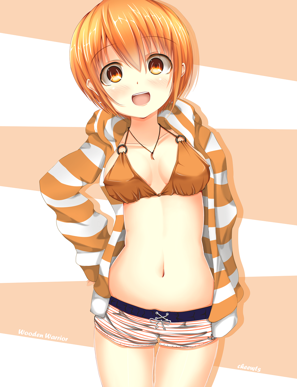 :d, bikini_top, blush, cheeuyu, chiiutsu_(cheewts), highres, hoodie, jewelry, looking_at_viewer, navel, necklace, o-ring_bikini, open_mouth, orange_eyes, orange_hair, original, short_hair, short_shorts, shorts, smile, solo, striped