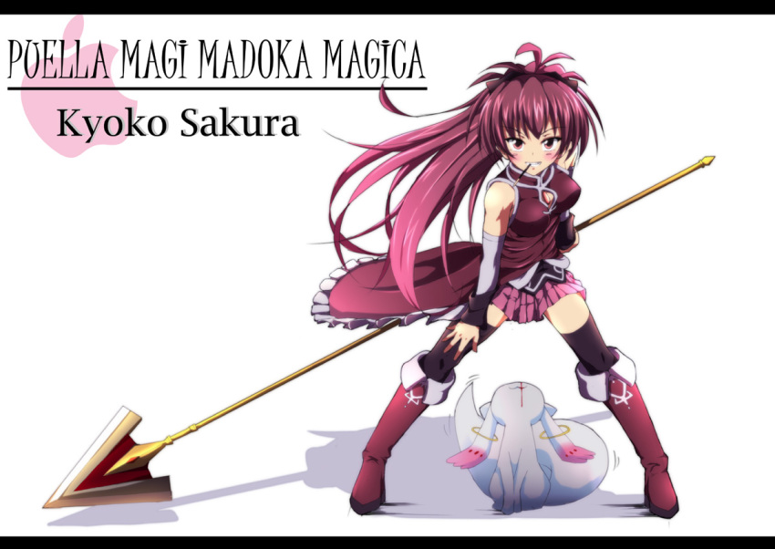 black_legwear, blood, boots, kyubey, long_hair, magical_girl, mahou_shoujo_madoka_magica, nosebleed, o-ryoku, ouryoku_(o-ryoku), pocky, polearm, ponytail, red_eyes, red_hair, redhead, sakura_kyouko, thigh-highs, thighhighs, title_drop, weapon