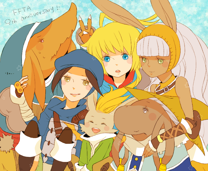 ahoge, ameneco1113, animal_ears, anniversary, armor, bangaa, bare_shoulders, blonde_hair