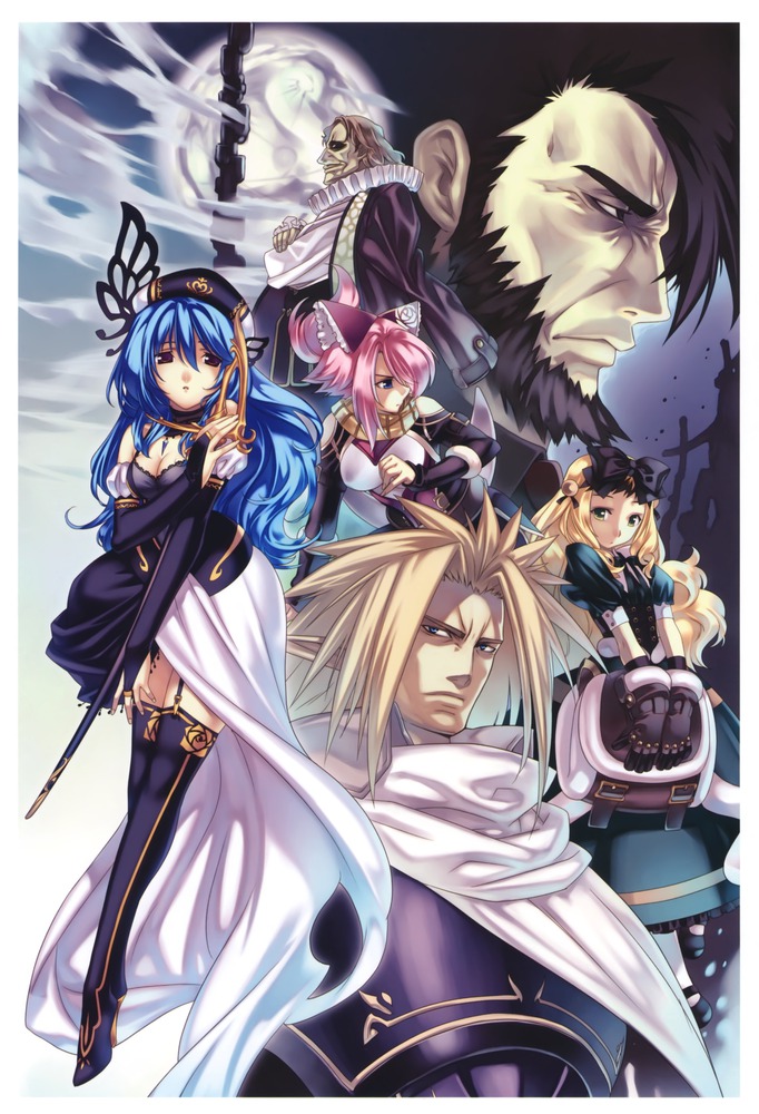 3girls, armor, beard, black_legwear, blonde_hair, blue_hair, bow, brown_eyes, character_request, dress, espgarude, facial_hair, gloves, hair_bow, hirano_katsuyuki, long_hair, lufione, multiple_boys, multiple_girls, neorith, official_art, pink_hair, short_hair, spectral_(series), spectral_force_genesis, spiked_hair, spiky_hair, thigh-highs, thigh_strap, thighhighs, wand, white_dress
