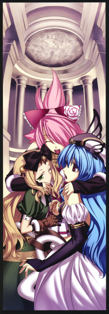 blonde_hair, blue_hair, bow, bridal_gauntlets, closed_eyes, detached_sleeves, dress, espgarude