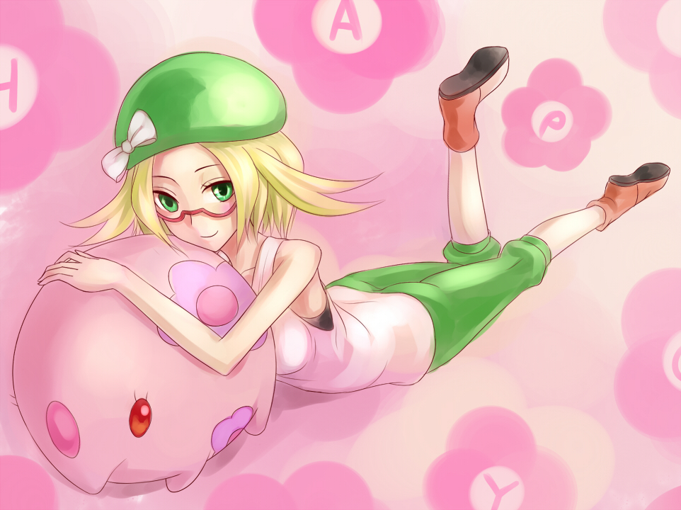 1girl, bag, bel_(pokemon), beret, blonde_hair, glasses, green_eyes, hat, hat_ribbon, pokemon, pokemon_(game), pokemon_bw2, ribbon, semi-rimless_glasses, short_hair, sukumo_(kemutai)