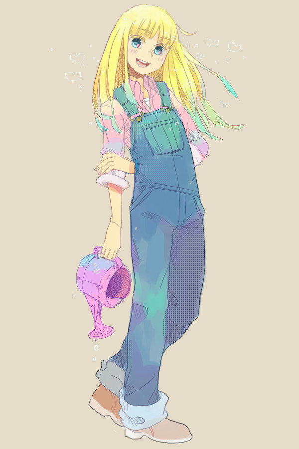 blonde_hair, blue_eyes, boots, claire_(harvest_moon), denim, harvest_moon, long_hair, open_mouth, overalls, smile, solo, watering_can