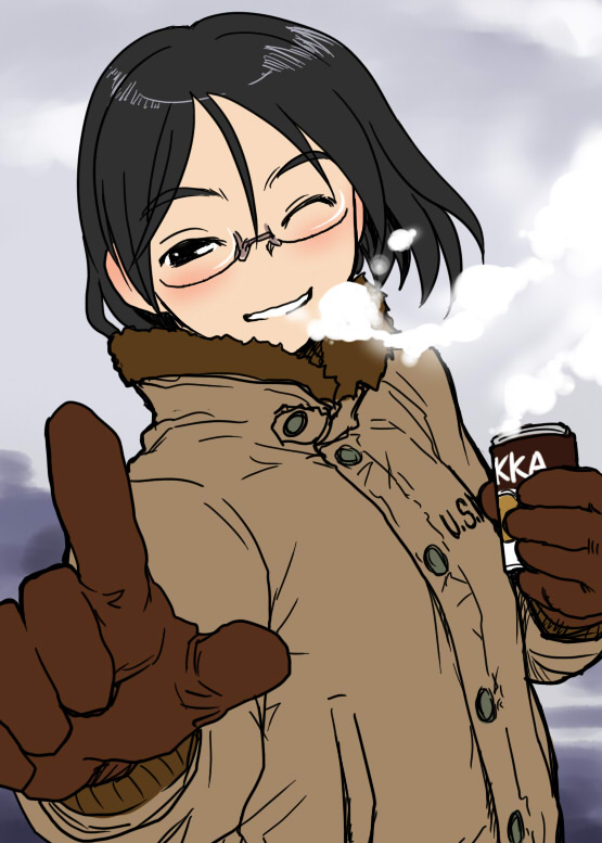 black_hair, blush, breath, can, canned_coffee, coffee, drink, glasses