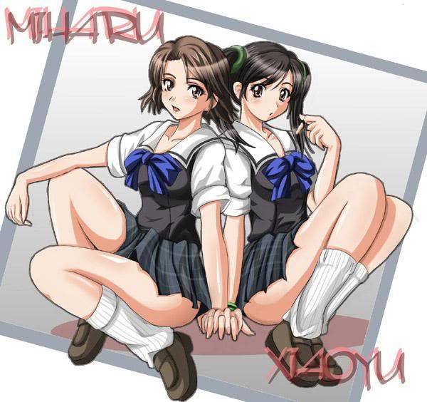 2girls, black_hair, brown_eyes, brown_hair, character_name, hirano_miharu, ling_xiaoyu, multiple_girls