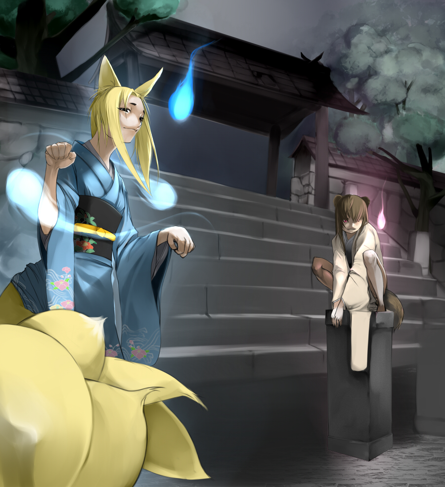 animal_ears, black_eyes, blonde_hair, brown_hair, fox, fox_ears, fox_tail, ghost