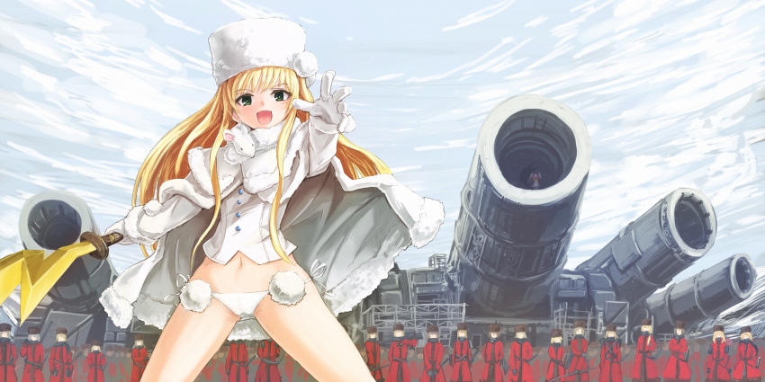 :d, army, blonde_hair, cannon, character_request, cloud, clouds, coat