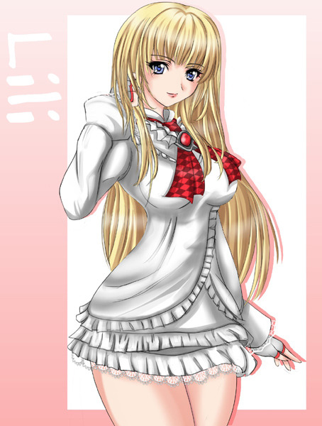 1041_(toshikazu), 1girl, blonde_hair, blue_eyes, breasts, character_name, curvy, dress
