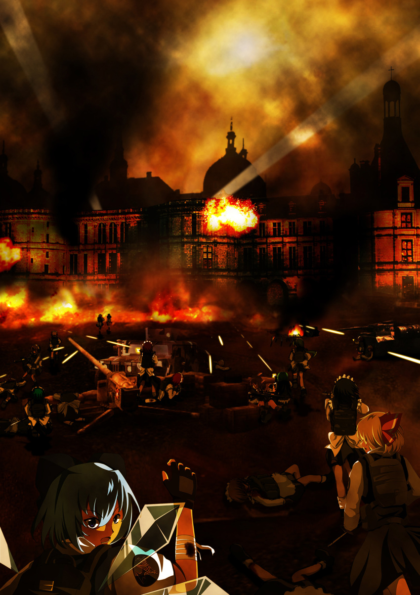 aliasing, armor, artillery, ascot, assault_rifle, backpack, bag, bandages, battle, blonde_hair, blood, blue_eyes, blue_hair, bow, box, brick, brown_hair, brushguard, building, camouflage, church, cirno, contemporary, cross, death, explosion, fingerless_gloves, fire, firing, frills, gloves, green_hair, growingnoob, gun, hair_bow, hat, highres, humvee, injury, insignia, load_bearing_vest, long_hair, long_sleeves, looking_back, lying, m4_carbine, maid, maid_headdress, military, military_vehicle, motor_vehicle, multiple_girls, muzzle_flash, mystia_lorelei, open_mouth, red_hair, rifle, rumia, running, sandbag, scope, searchlight, shoes, short_hair, short_sleeves, sitting, skirt, smoke, socks, standing, steeple, sun, tank, team_9, teeth, tire, touhou, tracer_fire, vehicle, weapon, window, wings, woodland_pattern, wriggle_nightbug