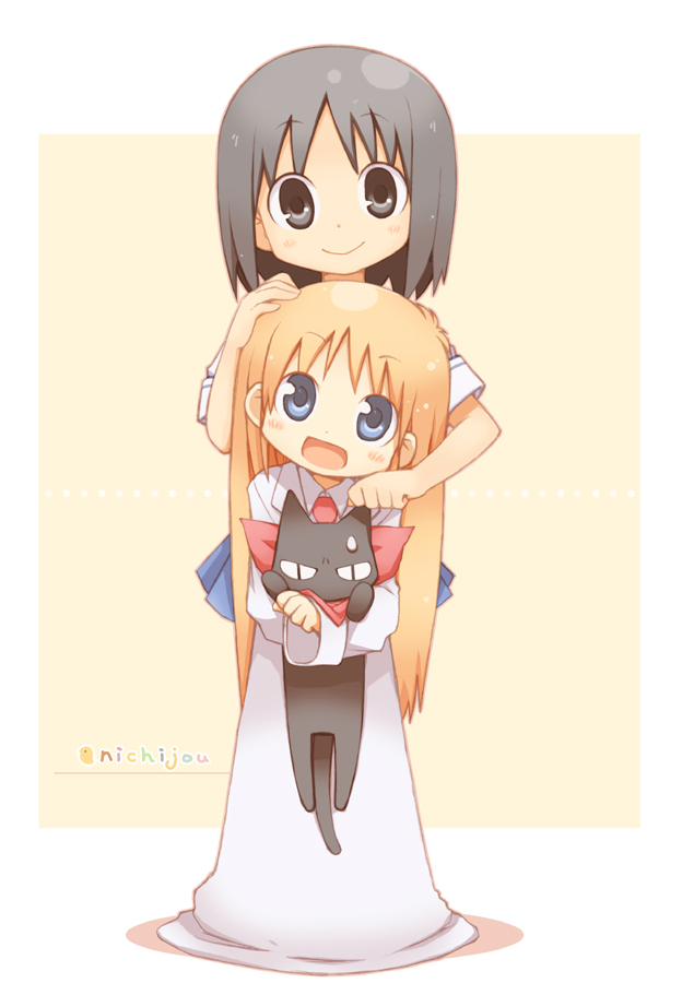 blush, cat, kuro_(kuroneko_no_kanzume), looking_at_viewer, multiple_girls, nichijou, open_mouth, professor_shinonome, sakamoto_(nichijou), shinonome_nano, smile