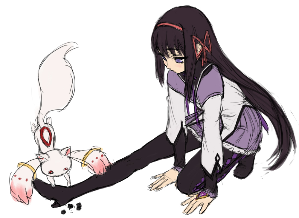akemi_homura, black_hair, black_legwear, blue_eyes, hair_ribbon, kyubey, long_hair, magical_girl