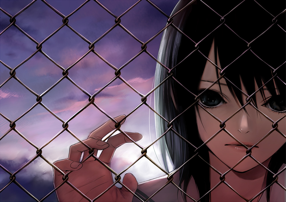 black_eyes, black_hair, chainlink_fence, close-up, cloud, clouds, face, fence