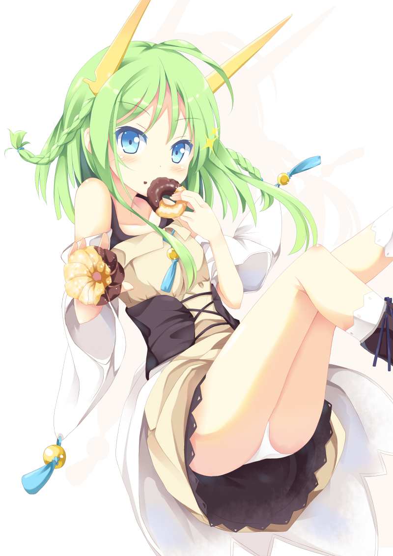 bare_shoulders, blue_eyes, blush, braid, doughnut, dress, food, food_on_face