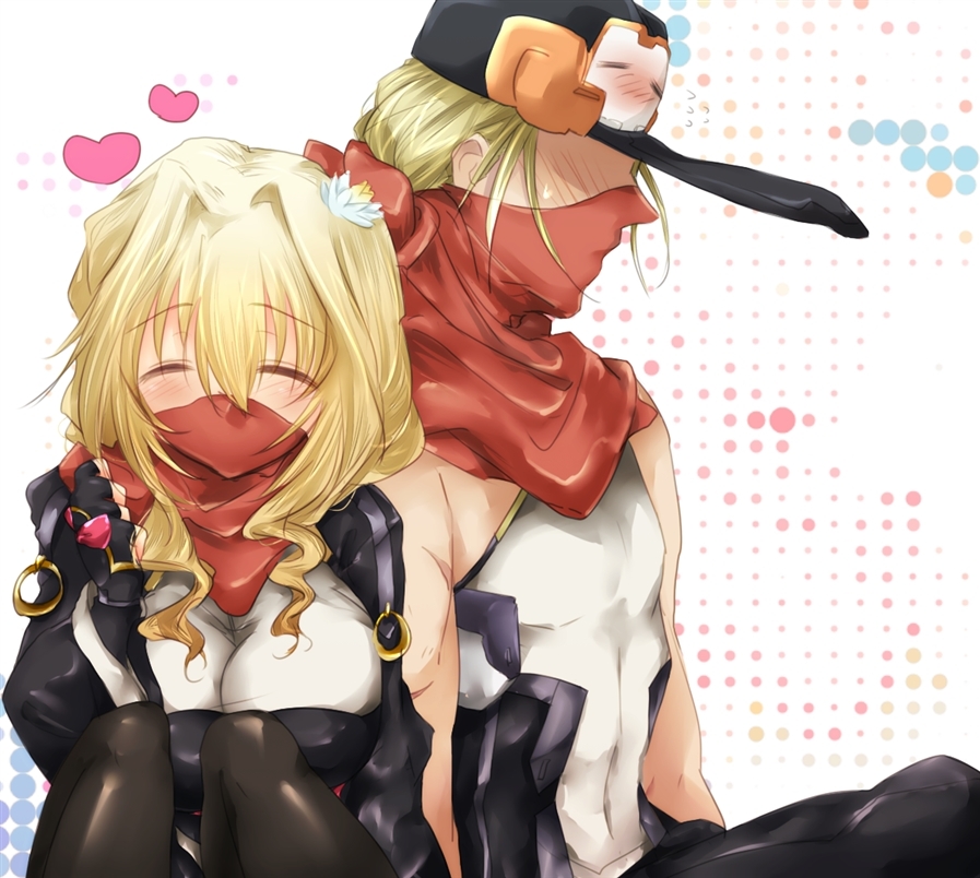 1girl, blonde_hair, blush, breasts, cleavage, closed_eyes, couple, eyes_closed, fingerless_gloves, flower, gloves, hair_flower, hair_ornament, haruki_rise, hat, kyoukai_senjou_no_horizon, long_hair, mary_stuart, ninja, pantyhose, scarf, short_hair, tenzou_crossunite