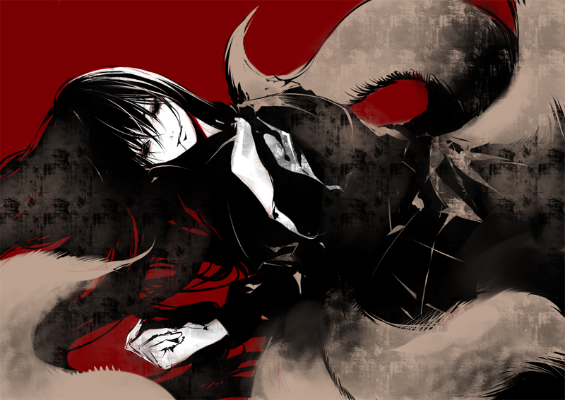 black_hair, fox_tail, hagoromo_kitsune, kiyohara_hiro, kyoko, lying, monochrome, multiple_tails