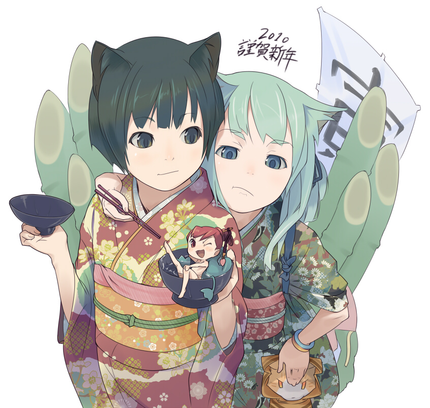 black_eyes, black_hair, cat_ears, chopsticks, cup, furi, girl_in_a_cup, green_eyes