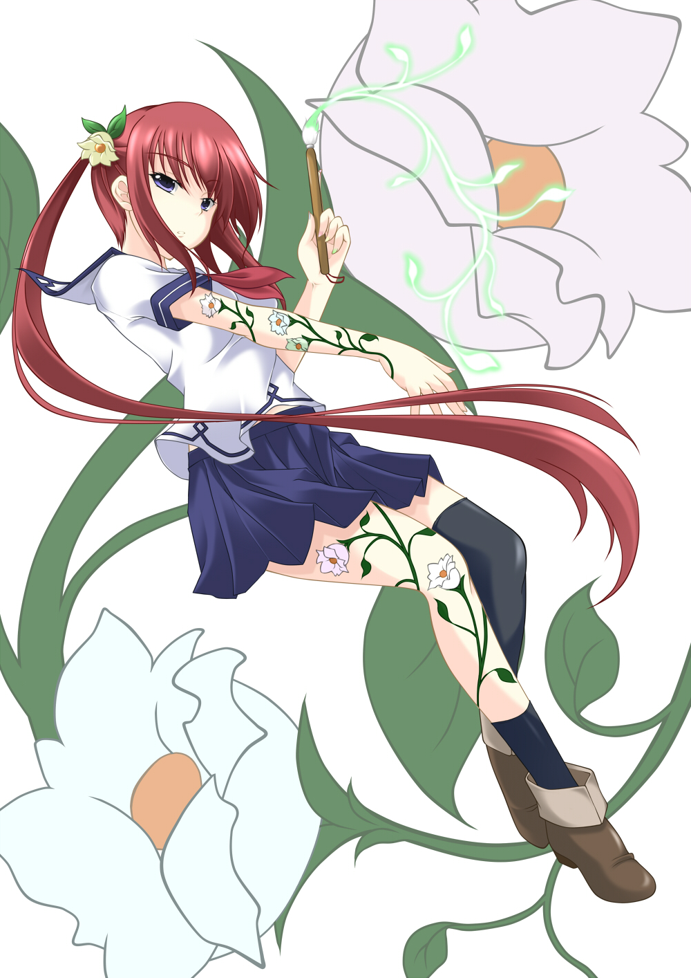 blue_eyes, boots, flower, hair_flower, hair_ornament, highres, kurose_kanata, long_hair, looking_at_viewer, open_mouth, original, paintbrush, red_hair, redhead, school_uniform, serafuku, single_thighhigh, skirt, solo, tattoo, thigh-highs, thighhighs, twintails