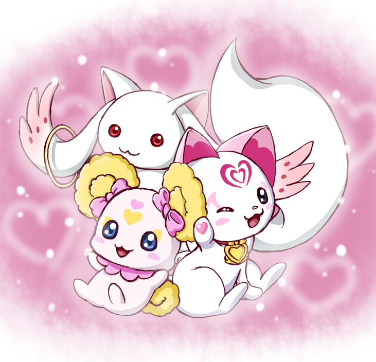 crossover, heart, hummy_(suite_precure), kyubey, mahou_shoujo_madoka_magica, no_humans, pink_background, precure, sasaki_teron, smile_precure!, suite_precure, wink