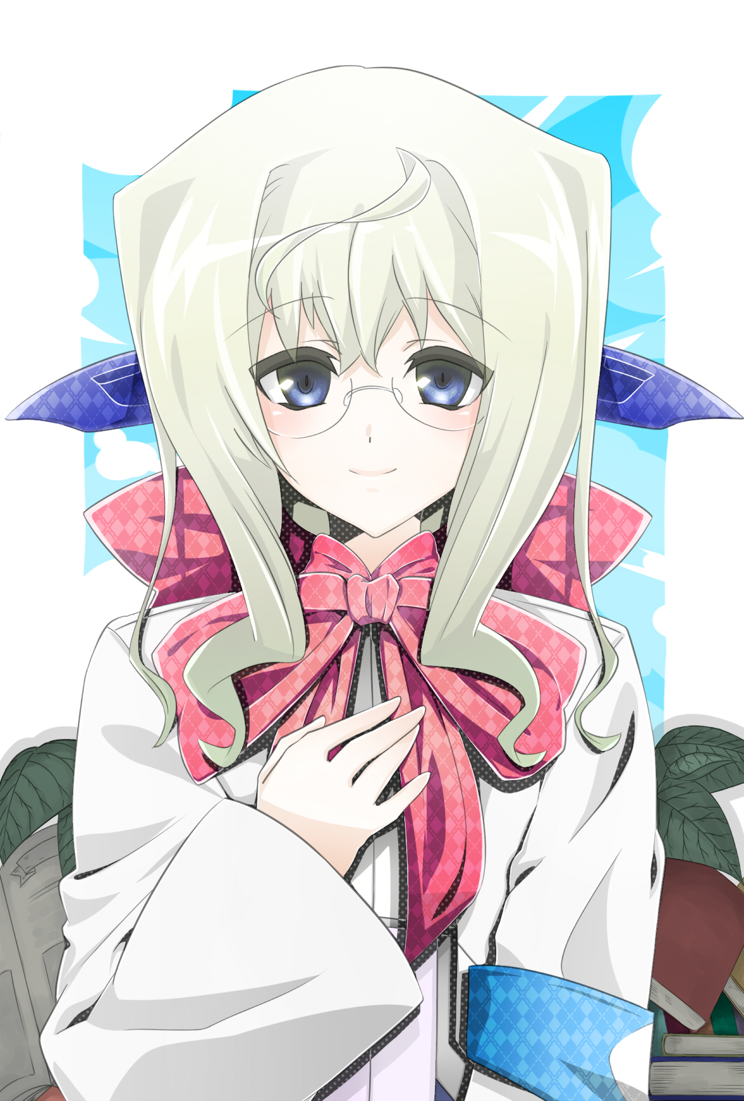 bad_id, blue_eyes, blush, book, bow, ear_covers, elf, glasses