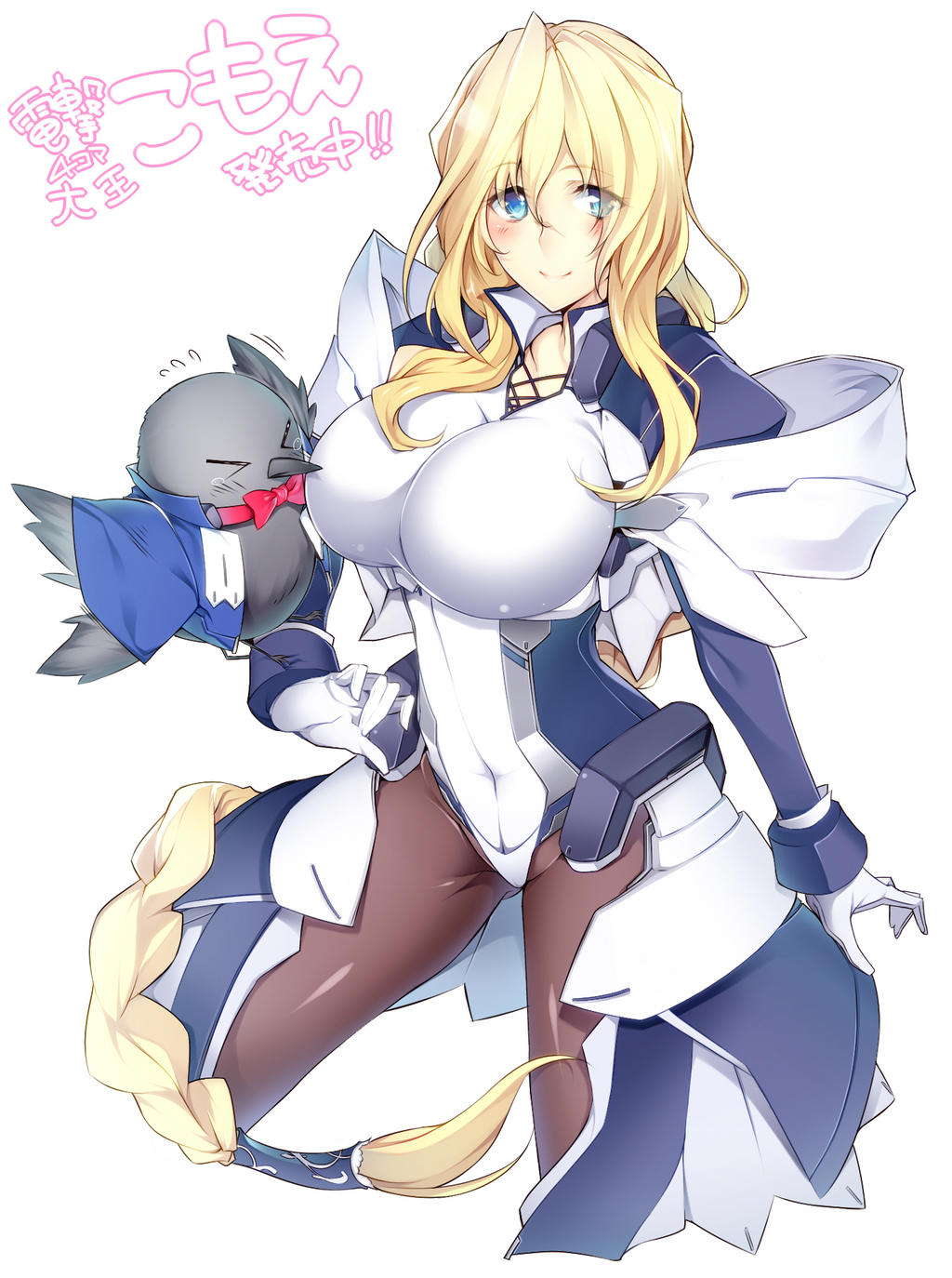 >_<, bird, blonde_hair, blue_eyes, blush, breasts, copyright_request, gloves