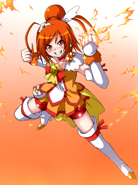 bike_shorts, boots, bowtie, brooch, choker, clenched_hand, clenched_hands, cure_sunny