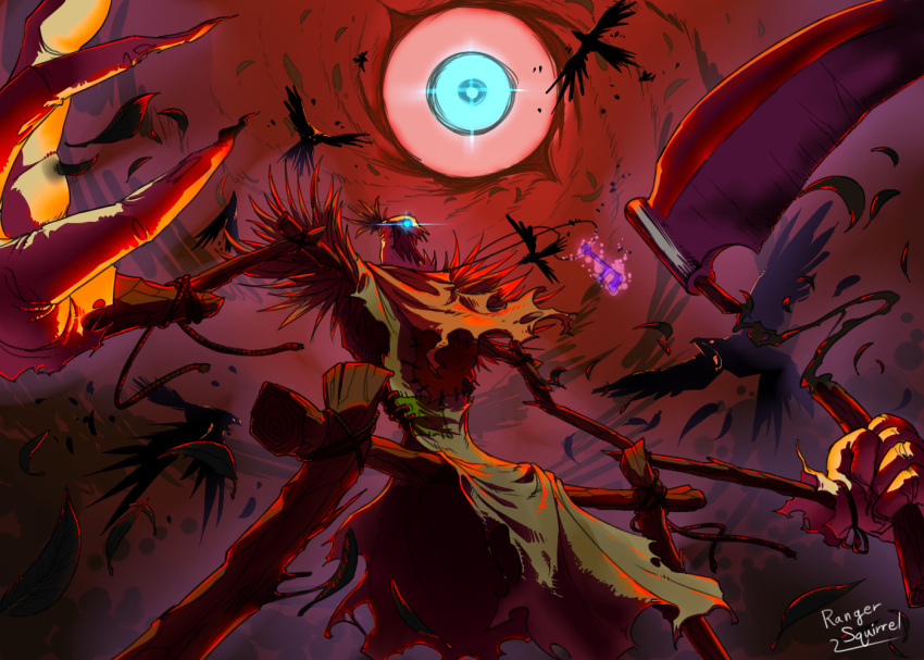 crow, feathers, fiddlesticks, glowing, glowing_eyes, key, league_of_legends, ranger_squirrel