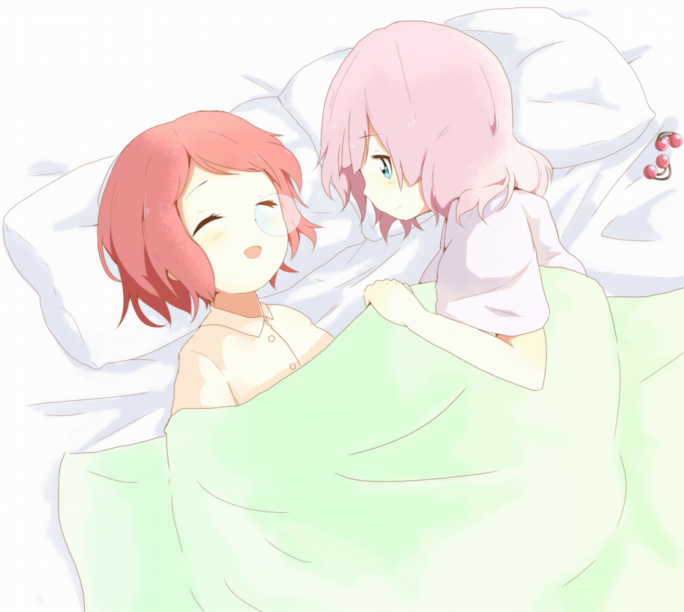 akaza_akari, bed, blue_eyes, closed_eyes, eyes_closed, multiple_girls, pink_hair, red_hair, redhead, sleeping, takamatsuya, yoshikawa_chinatsu, yuru_yuri
