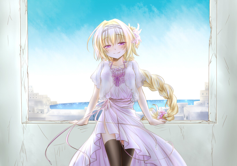 black_legwear, blonde_hair, blush, braid, casual, chibalila1367, dress, fate/apocrypha, fate/zero, fate_(series), flower, hair_flower, hair_ornament, jeanne_d'arc_(fate/apocrypha), jeanne_d'arc_(fate/apocrypha), long_hair, purple_eyes, ruler_(fate/apocrypha), single_braid, smile, solo, thigh-highs, thighhighs, violet_eyes, window