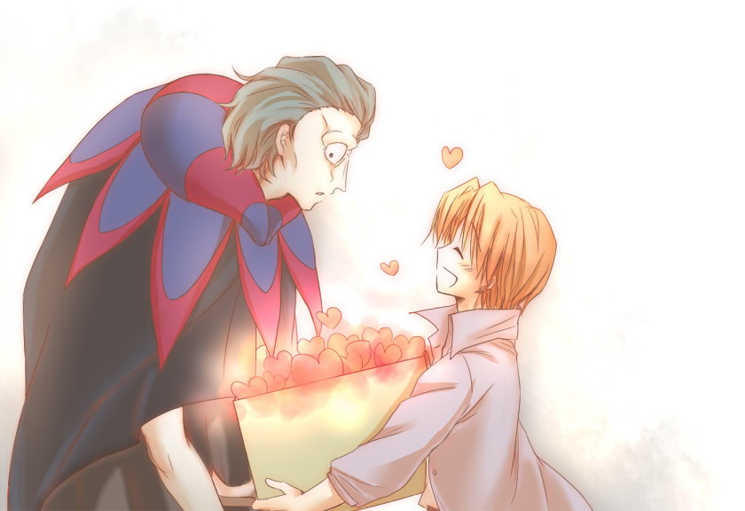 2boys, black_eyes, box, caster_(fate/zero), chibalila1367, fate/zero, fate_(series), grey_hair