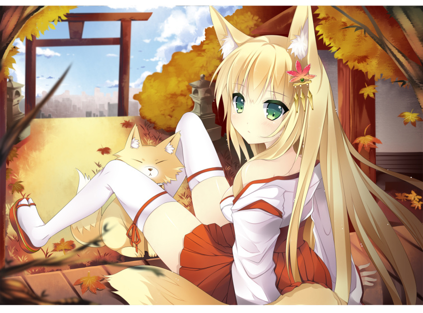 animal_ears, arm_support, autumn_leaves, bare_shoulders, blonde_hair, breasts, cleavage, duji_amo