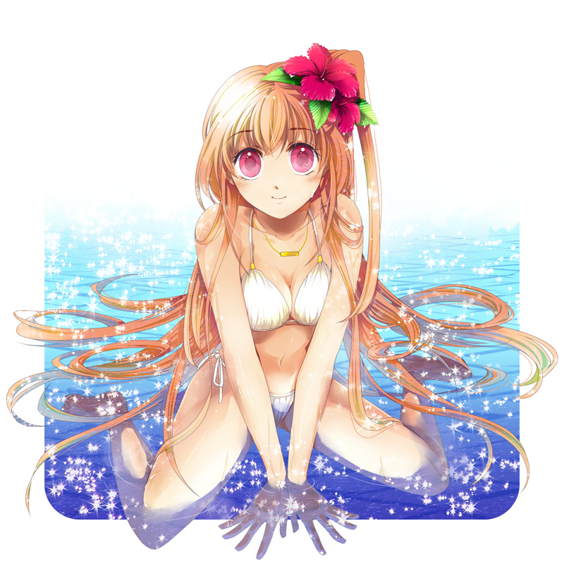 bikini, flower, hair_flower, hair_ornament, hibiscus, long_hair, nanami_(773), orange_hair