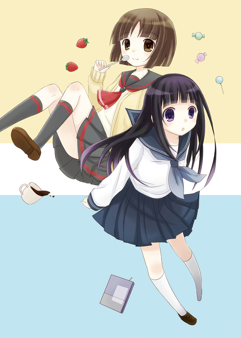 black_hair, brown_eyes, brown_hair, candy, chitanda_eru, crossover, food, fruit