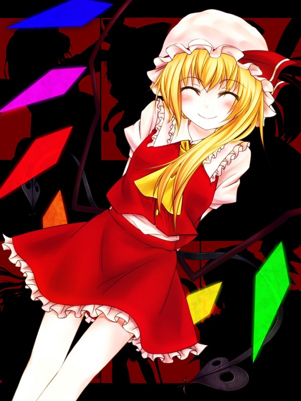 ascot, blonde_hair, blush, closed_eyes, cofi_(eternal), dutch_angle, eyes_closed, flandre_scarlet