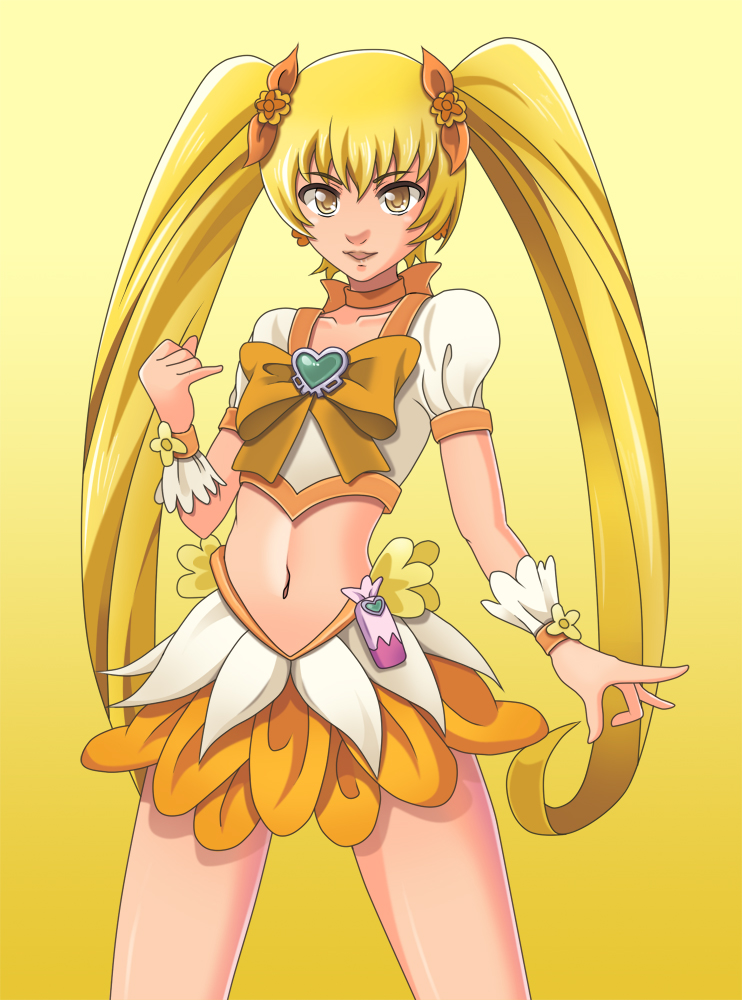 blonde_hair, bow, brooch, choker, cure_sunshine, dress, hair_ribbon, heart