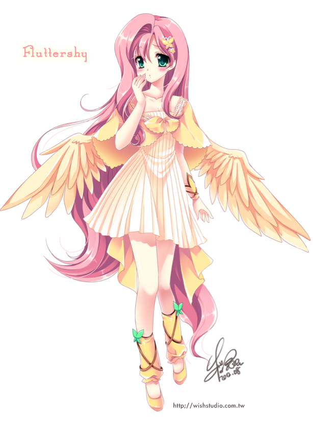 2012, aqua_eyes, butterfly, butterfly_hair_ornament, byruu, capelet, character_name, dated, dress, fluttershy, full_body, hair_ornament, leg_warmers, long_hair, my_little_pony, my_little_pony_friendship_is_magic, personification, pink_hair, pleated_dress, short_dress, signature, solo, very_long_hair, watermark, web_address, white_background, wings