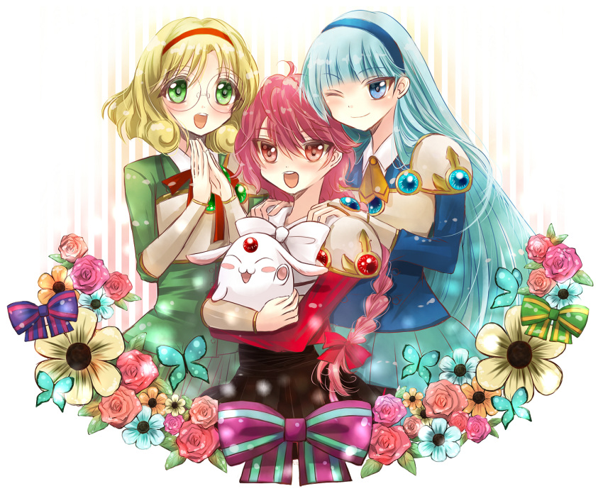 armor, blonde_hair, blue_eyes, blue_hair, blush, braid, breastplate, green_eyes