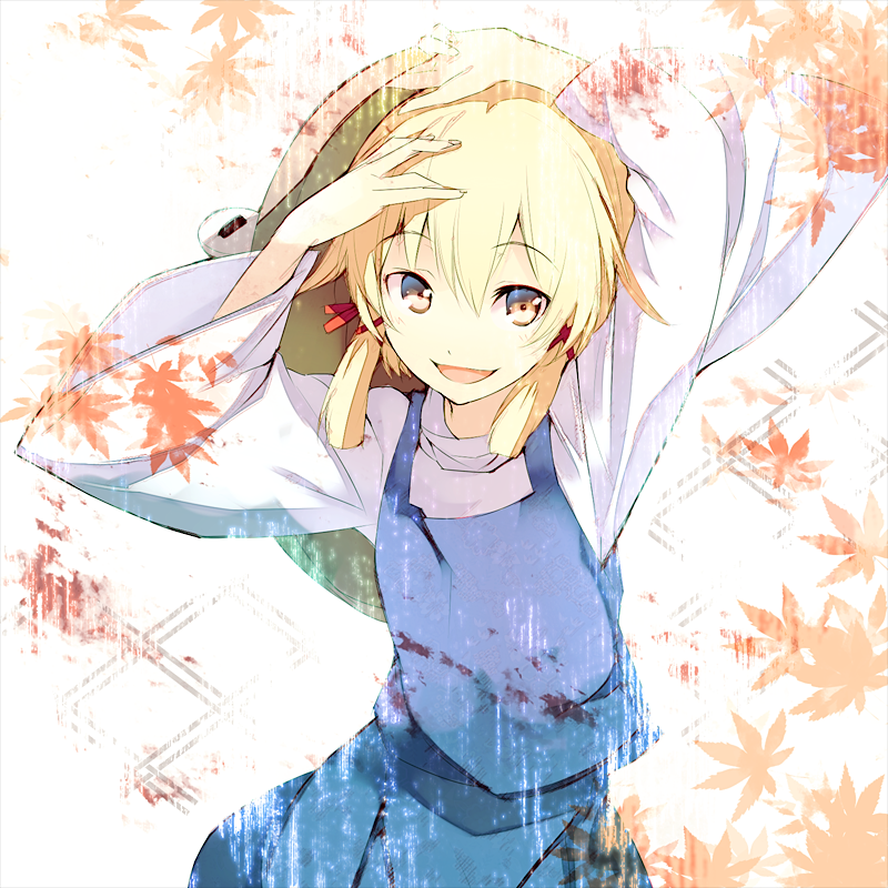 arms_up, autumn_leaves, blonde_hair, eho_(icbm), hair_ribbon, hands_on_head, hat, long_sleeves