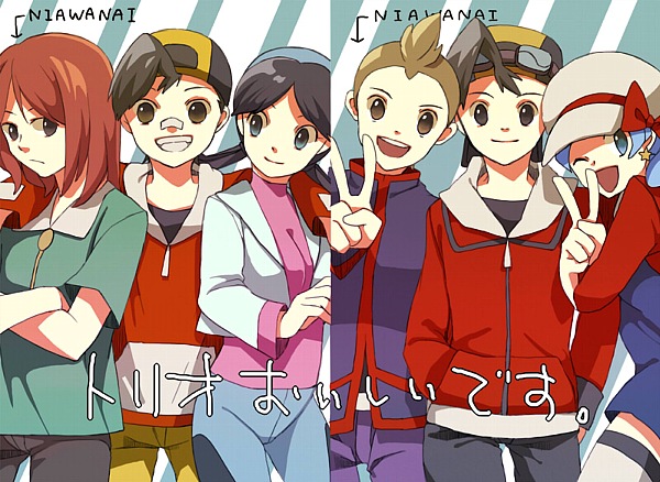 2girls, 4boys, :d, ;d, arm_around_shoulder, backwards_hat, bandaid, baseball_cap