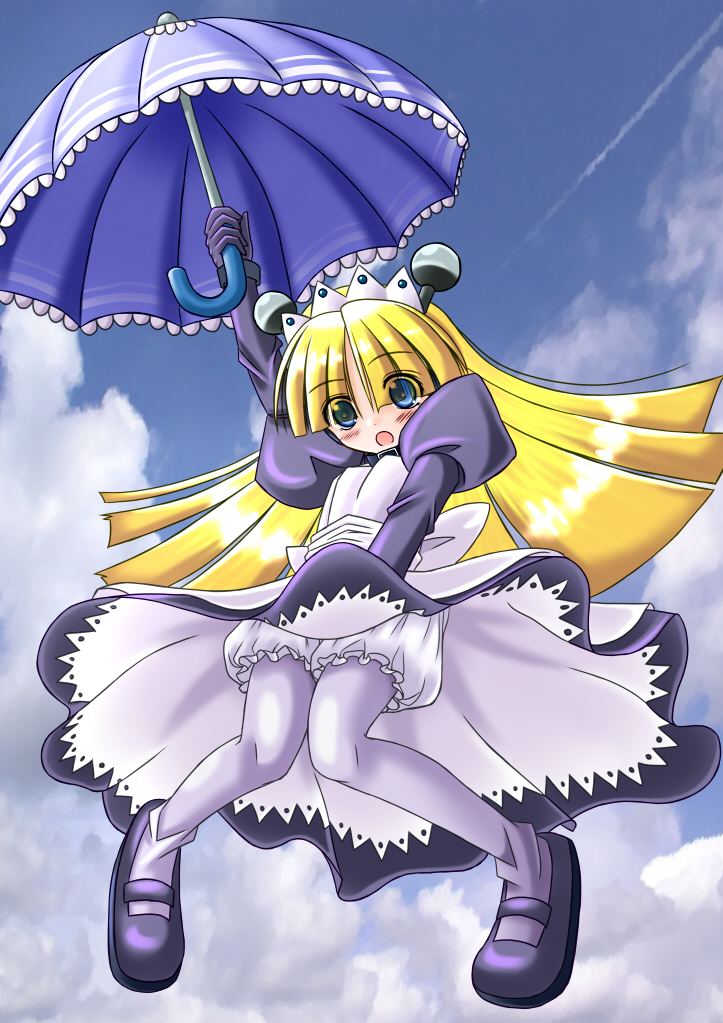 apron, blonde_hair, bloomers, blue_eyes, dress, gloves, hairband, long_hair