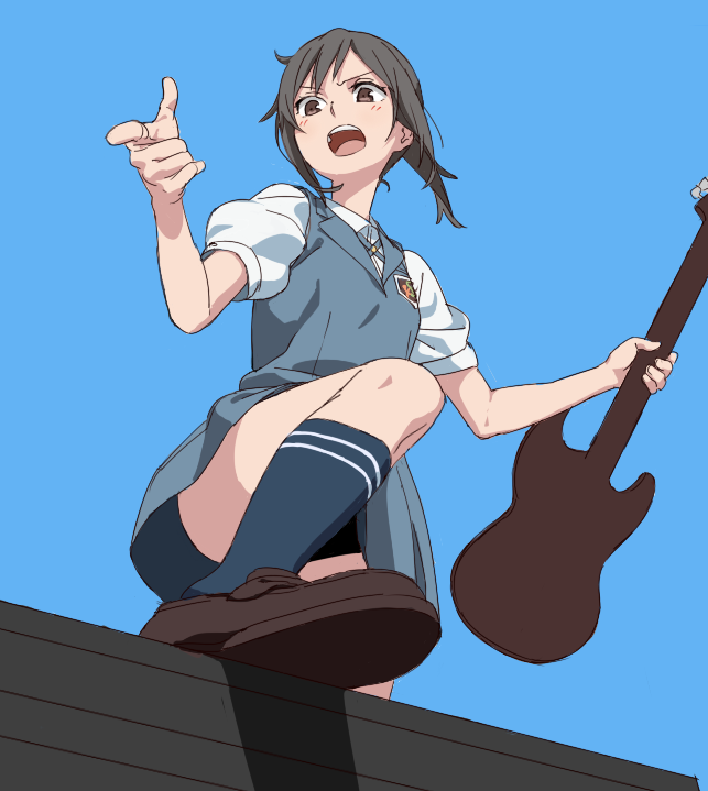 blush, brown_eyes, brown_hair, guitar, holding, instrument, kneehighs, loafers