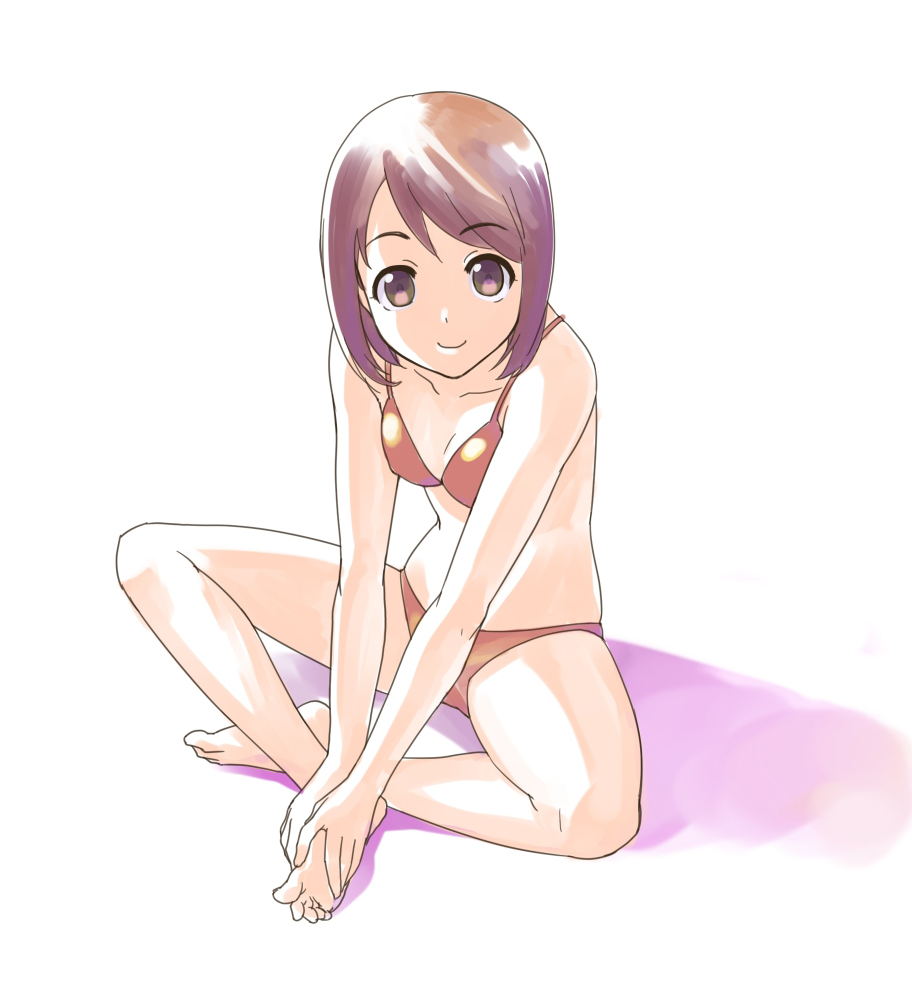 barefoot, bikini, brown_eyes, brown_hair, crossed_legs, feet, hands_on_feet, indian_style, looking_at_viewer, navel, oofuji_wataru, original, short_hair, sitting, smile, solo, swimsuit, toes